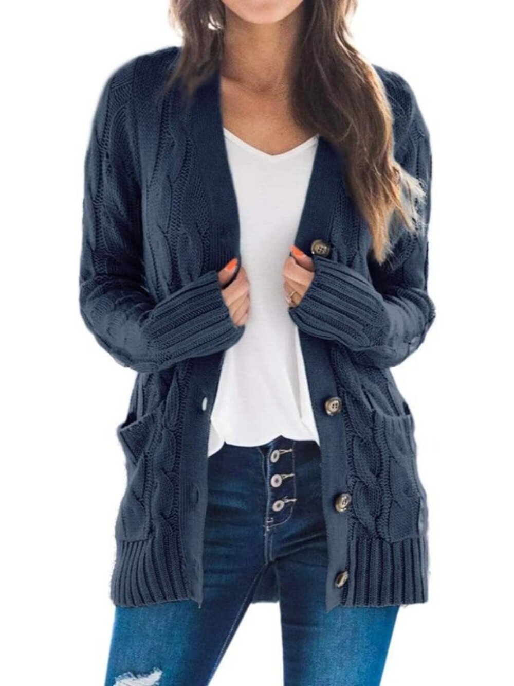 Women's Navy Blue Cardigan Long Sleeve Open Front Button Down Knitwear Sweater